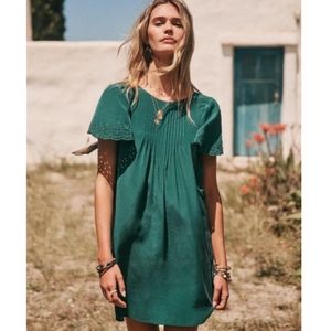 Sézane Maelys RARE Silk Mini Shift Dress Blue Green Teal Pin Tucks Small 36 US 4